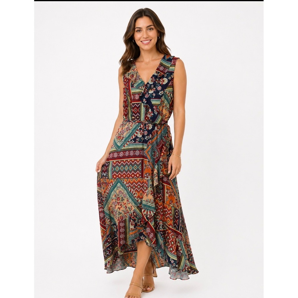 Reba Womens Patchwork Floral High-Low Maxi Dress Multicolor Ruffle V-Neck Large
